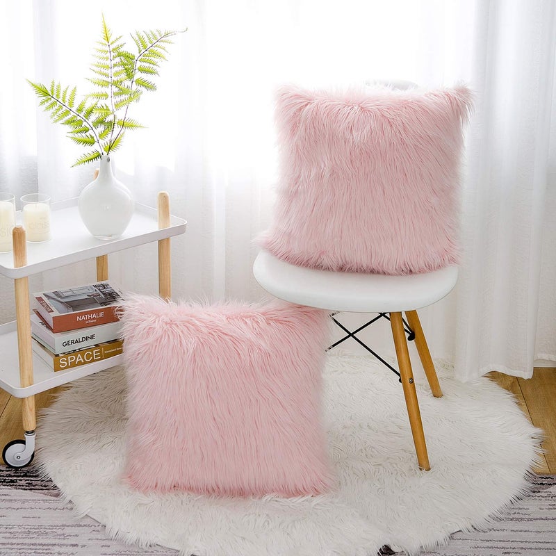WLNUI Set of 2 Valentines Day Pink Fluffy Pillow Covers New Luxury Series Merino Style Blush Faux Fur Decorative Throw Pillow Covers Square Fuzzy Cushion Case 20x20 Inch - Image 3